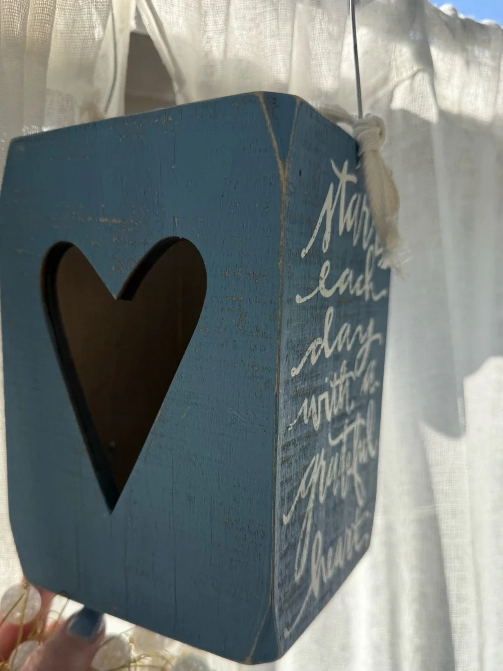 Blue Heart Hanging Lantern with White Script Accent